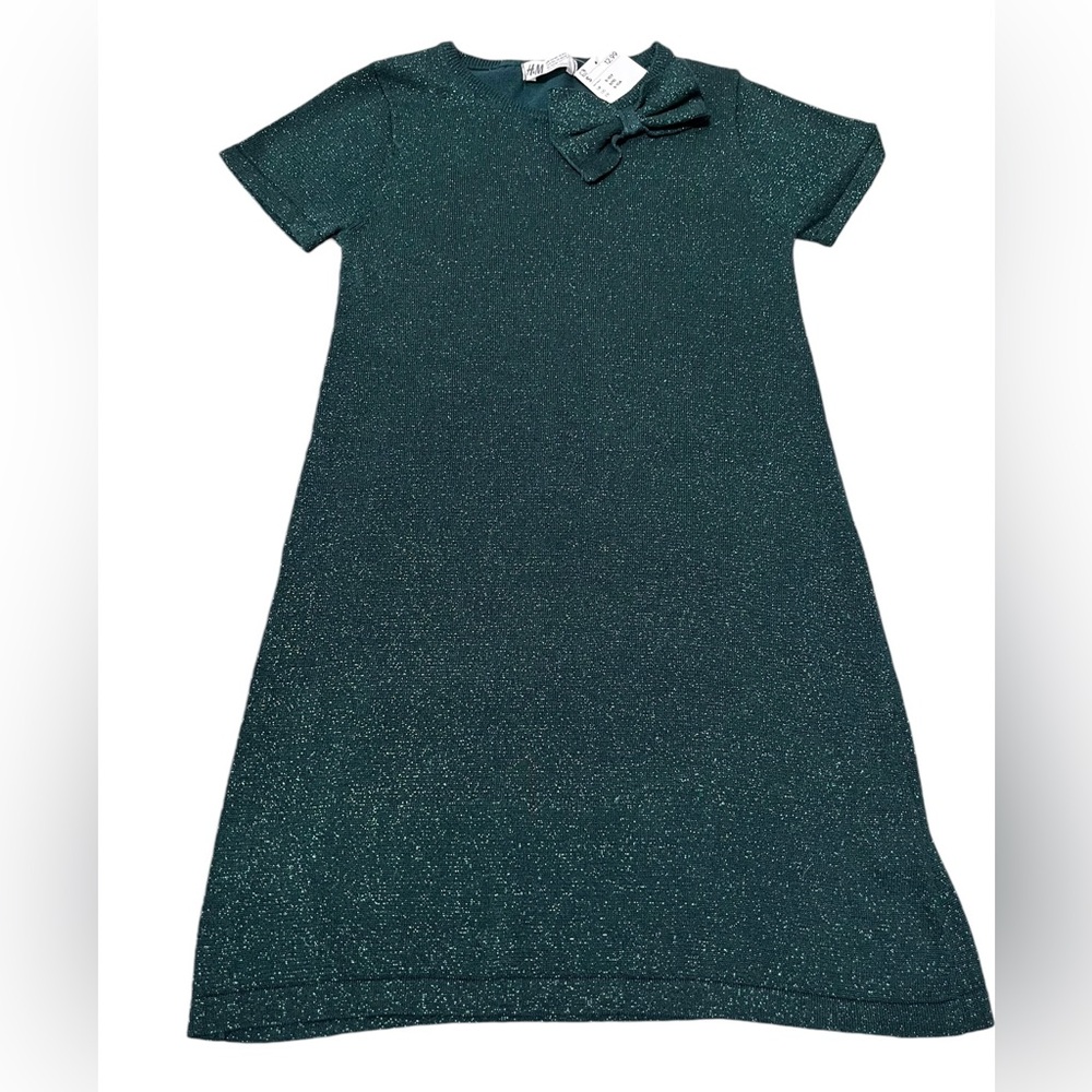 H&M Girls Glittery Green Holiday Casual Bow Dress Size US 8-10 NWT